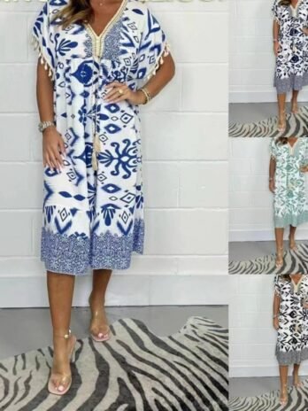 Fashion Printed V-neck Tassel Stitching Casual Dress