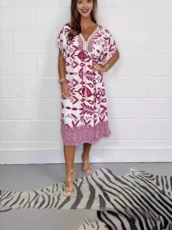 Fashion Printed V-neck Tassel Stitching Casual Dress