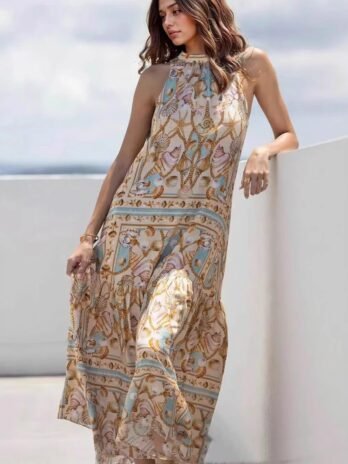 Floral Dress Long Sleeve V-neck High Waist Bohemian Long