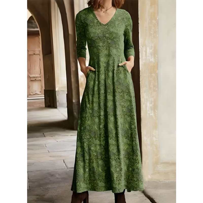 Women's Cotton Printed V-neck Pocket Long Sleeved Dress - Image 4