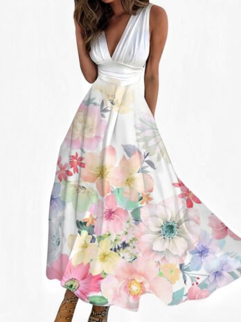Digital Printing Women V-neck Sleeveless Maxi Dress