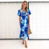 Puff Sleeve Long Dress Printed V-neck Hollow Out