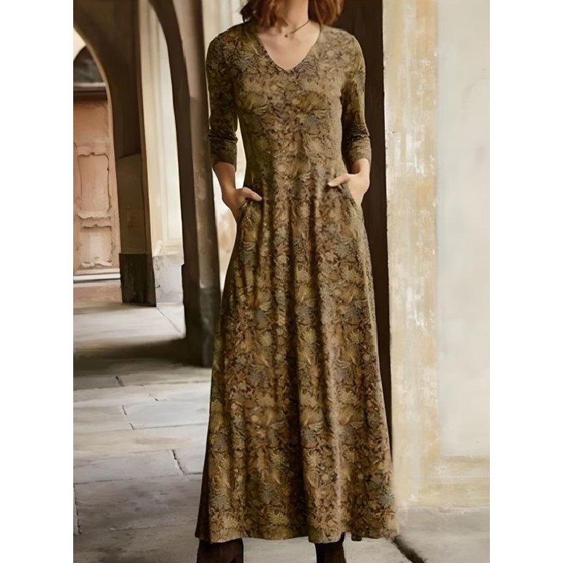 Women's Cotton Printed V-neck Pocket Long Sleeved Dress - Image 2