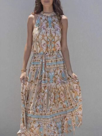 Floral Dress Long Sleeve V-neck High Waist Bohemian Long