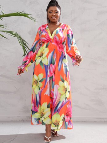 Plus Size Long Sleeve Digital Printing Dress