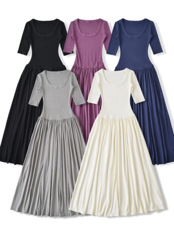 Ballet Style Slim U Collar Pleated Dress