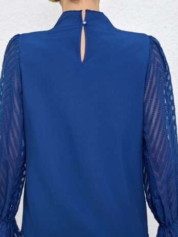 Women’s Solid Color Mesh Patchwork Long Sleeved Shirt With Black Fungus Edge Collar