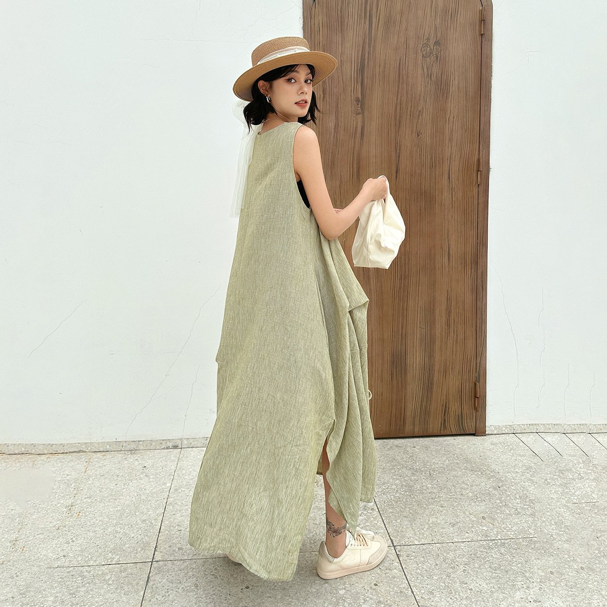 Women's Retro Crew Neck Patchwork Ruffled Drawstring Sleeveless Dress - Image 4