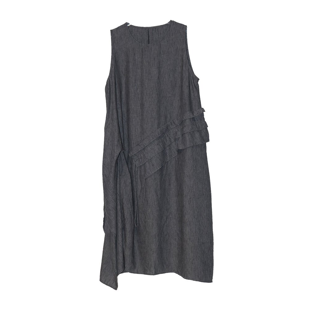 Women's Retro Crew Neck Patchwork Ruffled Drawstring Sleeveless Dress - Image 6