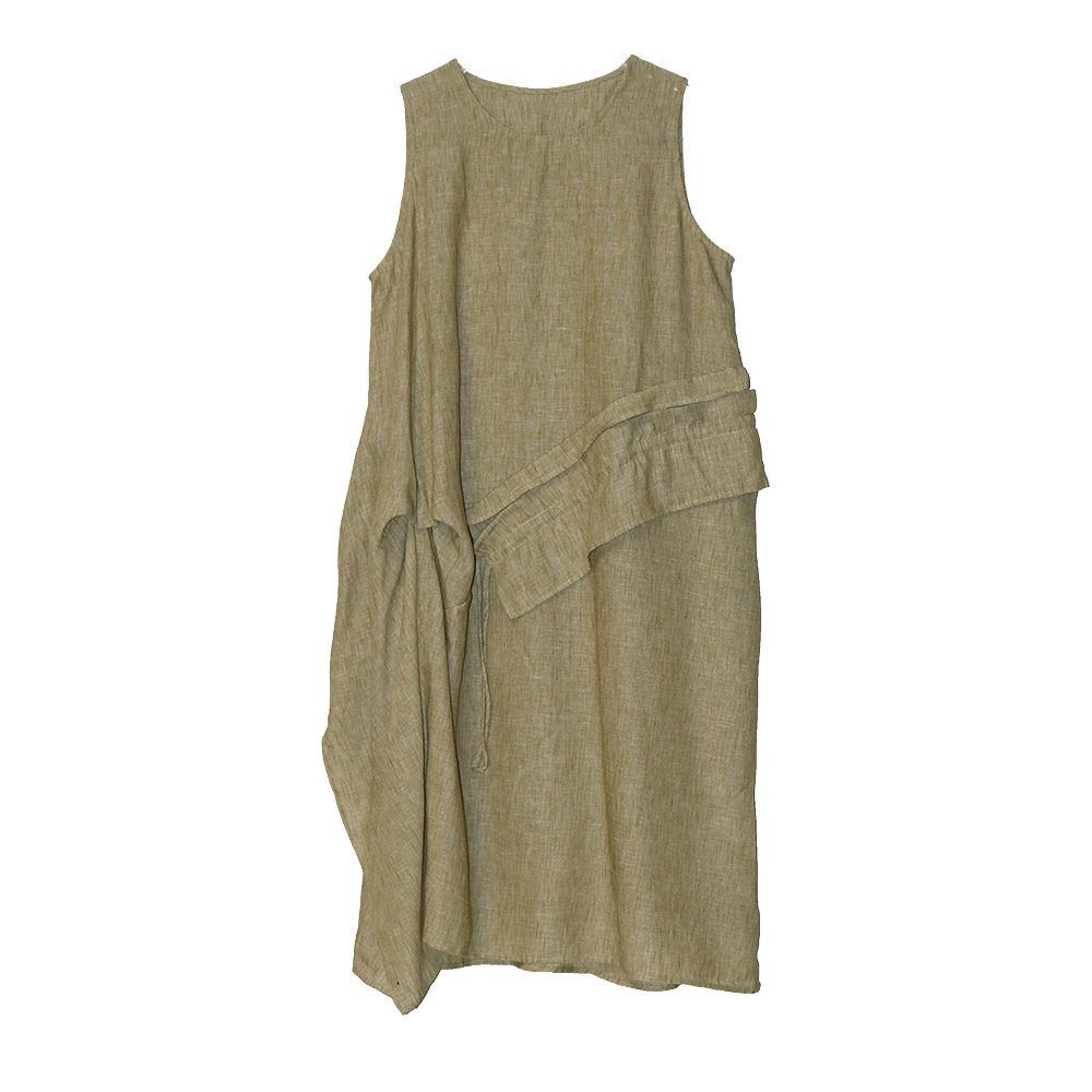 Women's Retro Crew Neck Patchwork Ruffled Drawstring Sleeveless Dress - Image 7