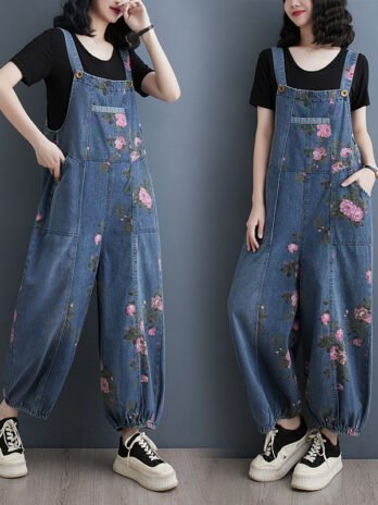 Denim Suspender Pants Ankle-tied Straight Denim Jumpsuit