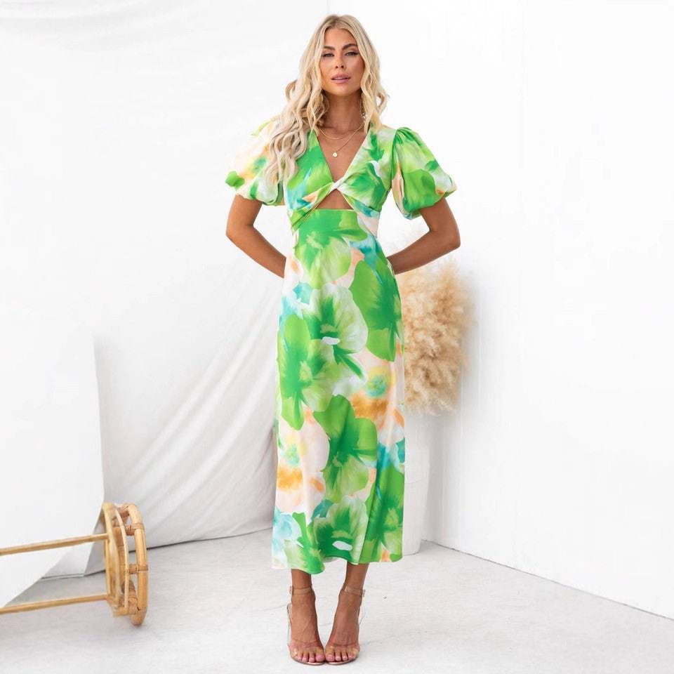 Puff Sleeve Long Dress Printed V-neck Hollow Out - Image 3