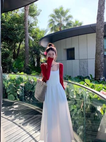 Korean Gentle Waist Trimming Spaghetti Straps Vacation Style Sweet Slimming Dress