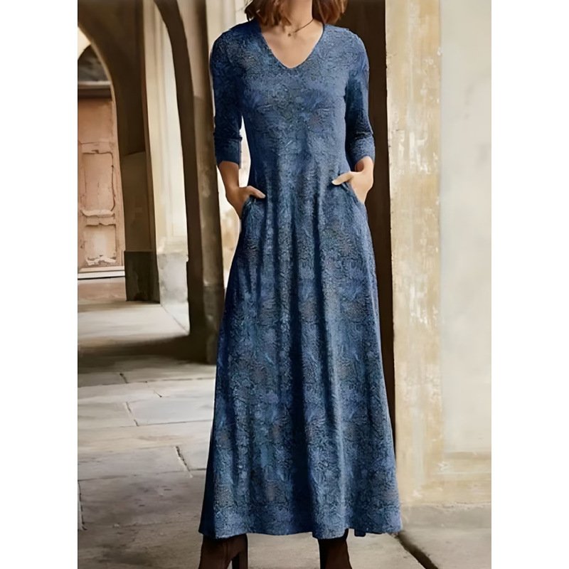 Women's Cotton Printed V-neck Pocket Long Sleeved Dress - Image 5