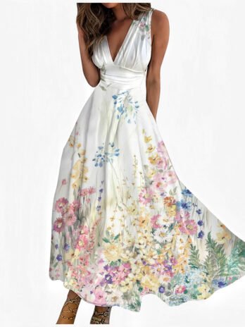 Digital Printing Women V-neck Sleeveless Maxi Dress