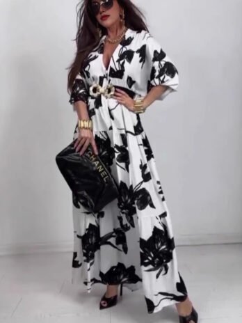 Fashion Half-open Collar Three-quarter Sleeve Fashion Casual Dress