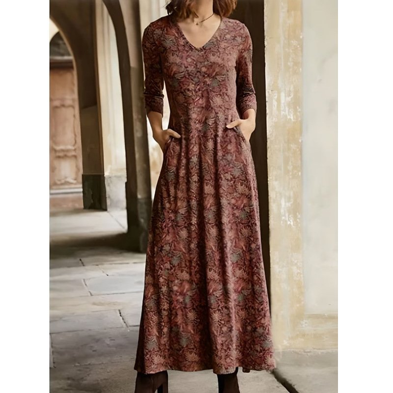 Women's Cotton Printed V-neck Pocket Long Sleeved Dress - Image 3